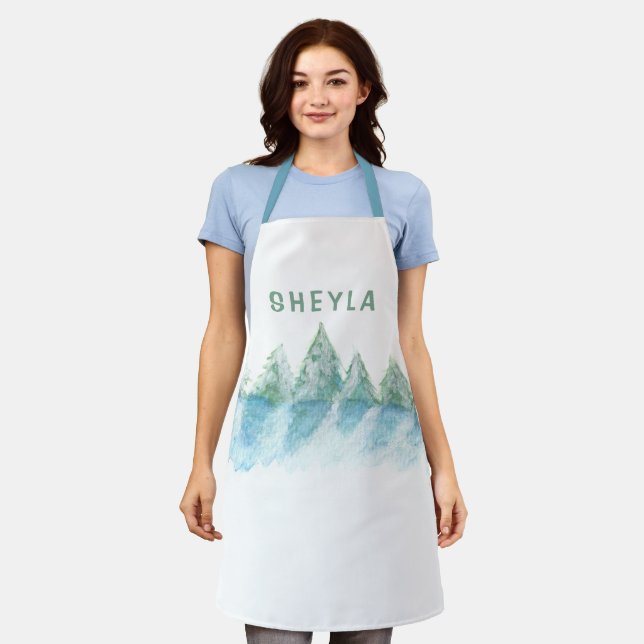 Calm and Peaceful Winter Forest Watercolor Name Apron (Worn)