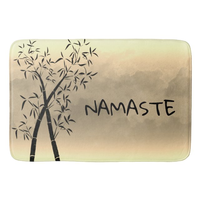 Calm Bamboo and mountain view Scene Namaste Bath Mat (Front)