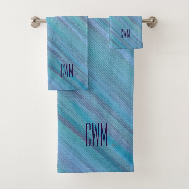 Calm Blue Abstract | Cool Turquoise Aqua Monogram Bath Towel Set (Insitu)