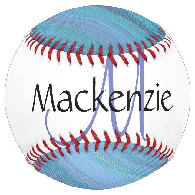 Calm Blue Abstract | Cool Turquoise Aqua Monogram Softball (Front)