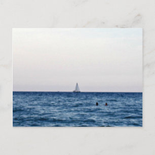 Calm Blue Sea With Sailboat On White Horizon Postcard