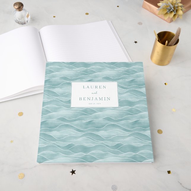 Calm Blue Water Wave Minimalist Guest Book (Front Open)