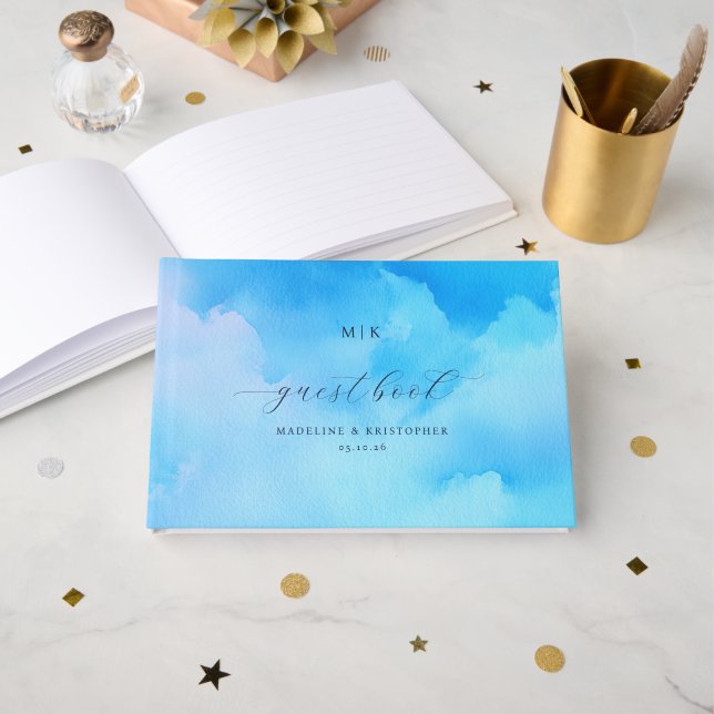Calm Blue Watercolor Clouds Guest Book (Front Open)