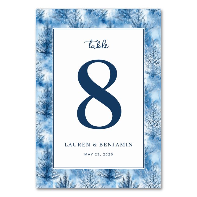 Calm Blue Winter Tree Border Table Number (Front)