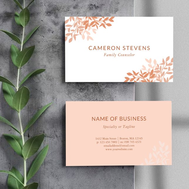 Calm Blush & Orange Greenery Leaves Business Card (Creator Uploaded)