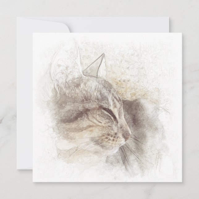 Calm Cat Digital Pencil Drawing Thank You Card (Front)