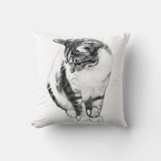 Calm Cat Looking Down Ink Art Pillow (Front)