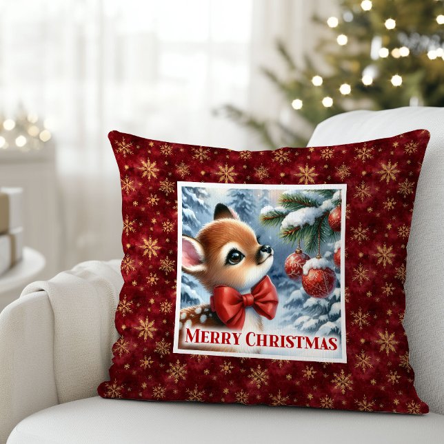 Calm Christmas scene baby fawn snowy forest kids  Cushion (Calm Christmas scene baby fawn snowy forest kids decor)