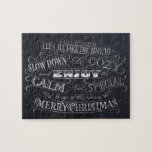 Calm   Cosy Merry Christmas Chalkboard Calligraphy Jigsaw Puzzle<br><div class="desc">This has been an unusually stress-filled year for all of us and Christmas always speaks to us of: home, family, calmness, love, comforting food, movies, music and traditions. Let's make sure to really recognise these special gifts and hold them close. There is also a black background (no chalkboard) and a...</div>