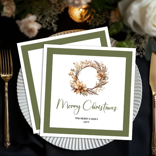 Calm Earthy Christmas Wreath Personalized Napkins (Calm Earthy Christmas Wreath Personalized Napkins)
