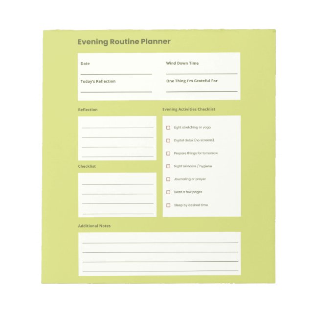 Calm Evening Routine Planner Notepad (Front)