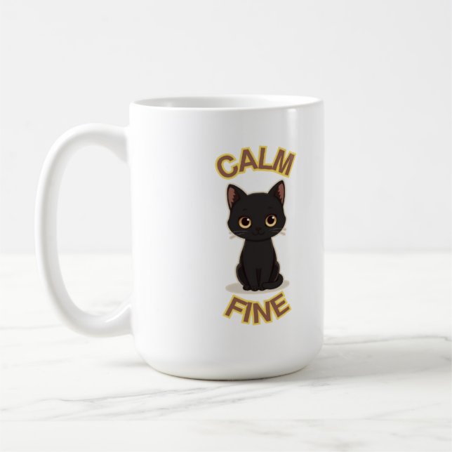 **Calm Fine Cat – Black & Gold Minimal Cat Art** Coffee Mug (Left)