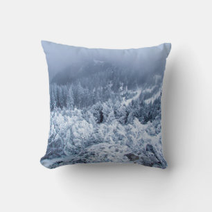 Calm foggy winter day on top of the mountains cushion