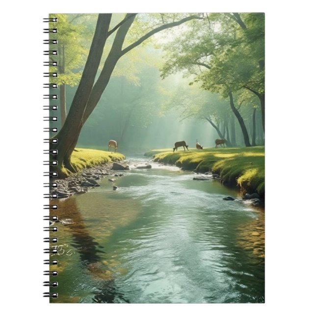 Calm forest landscape with clear stream reflection notebook (Front)
