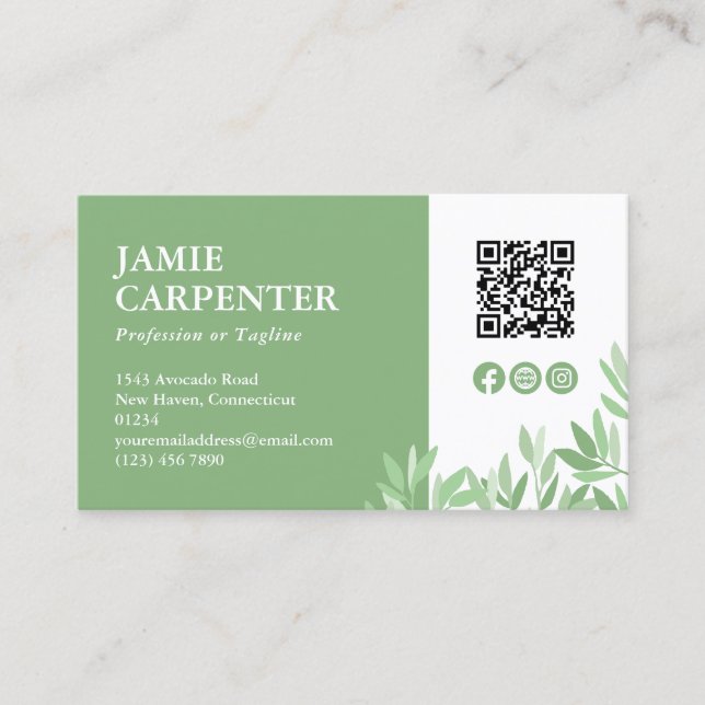 Calm Greenery QR Code Photo Social Media Icons Business Card (Front)