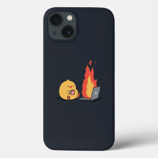 Calm in Chaos – Cute Yellow Bird & Fiery Laptop iP iPhone 13 Case
