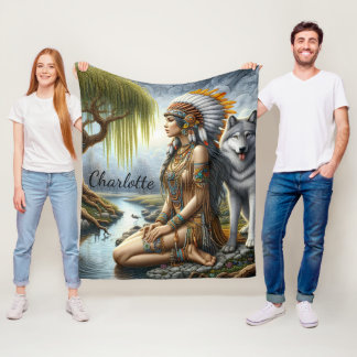 Calm Indian woman with wolf by river Fleece Blanket