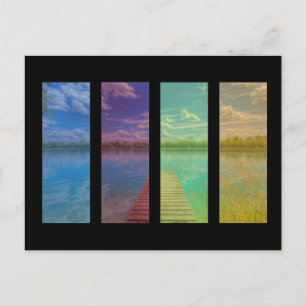 Calm lake scene with a wooden pier landscape postcard