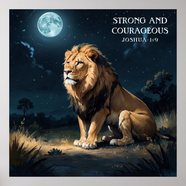 Calm Lion in Wild at Night Stars and Moon Faith Poster (Front)