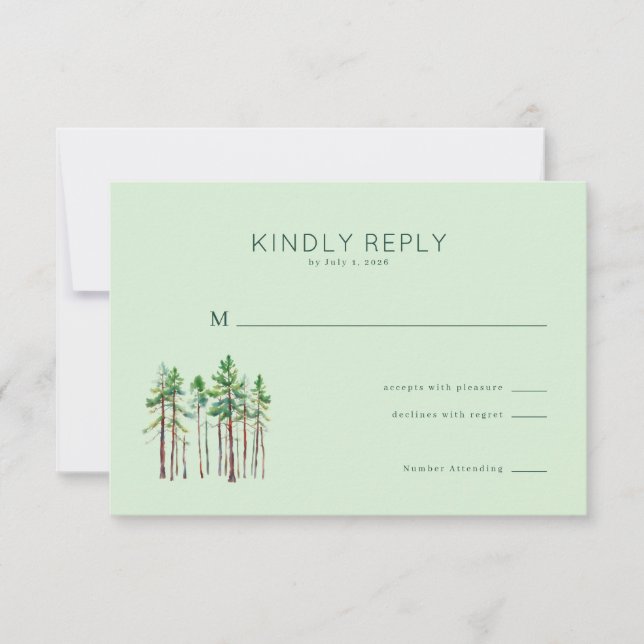 Calm Mint Watercolor Pine Trees RSVP Card (Front)