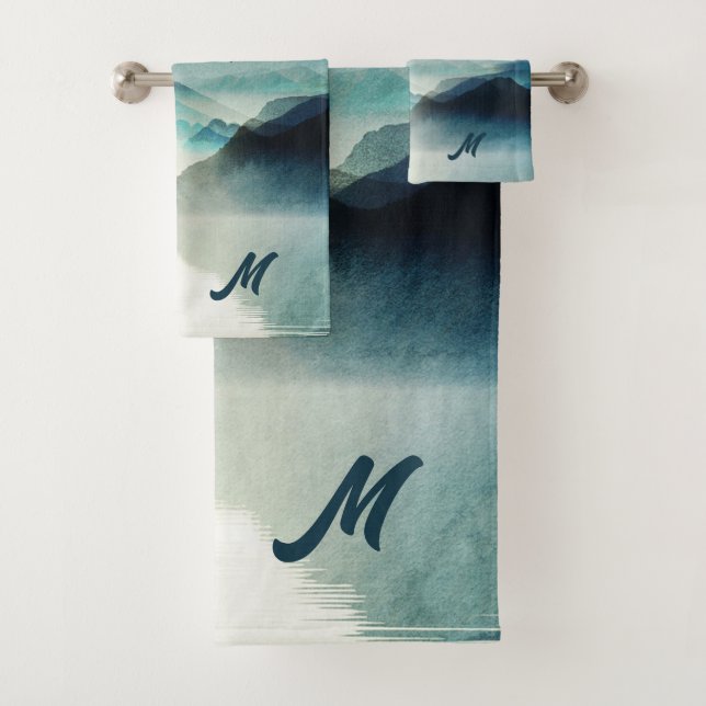 Calm Monogrammed Nature Watercolor Mountain Scene Bath Towel Set (Insitu)