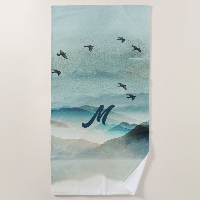 Calm Monogrammed Nature Watercolor Mountain Scene  Beach Towel (Front)