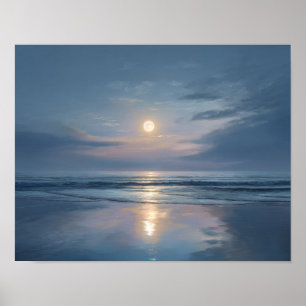 Calm Moon Ocean Wall Art Minimal Night Seascape