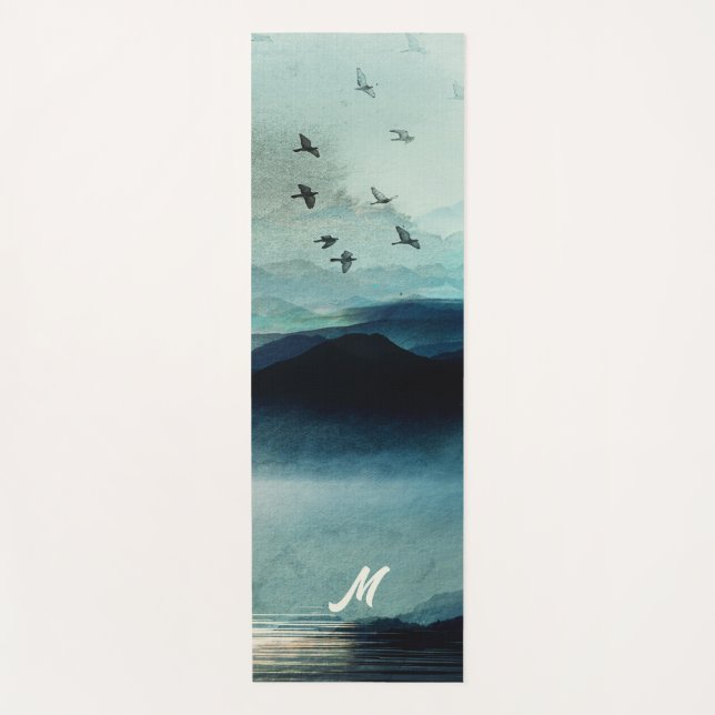 Calm Nature Watercolor Mountain Scene Monogrammed Yoga Mat (Front)