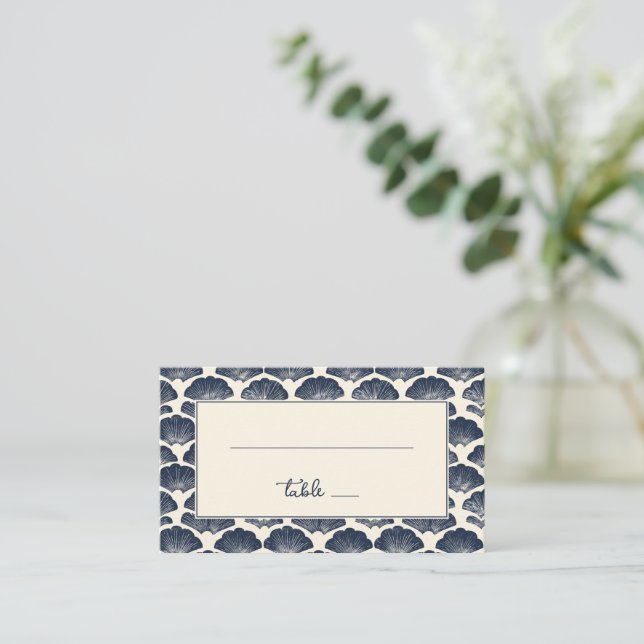 Calm Navy Nautical Seashell Border Place Card (Standing Front)