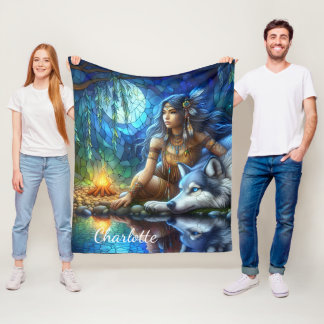 Calm night by river with Native and wolf Fleece Blanket