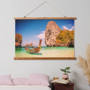 Calm Ocean Beach with Boat & Rocks Hanging Tapestry