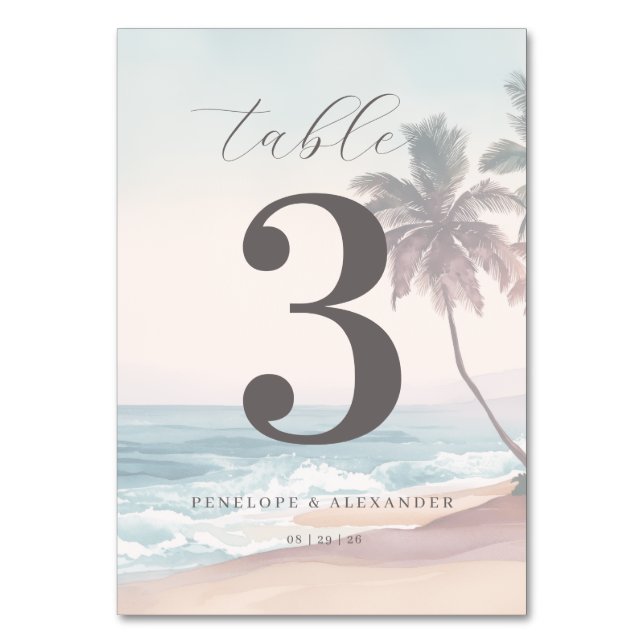 Calm Pastel Watercolor Beach Waves Table Number (Front)