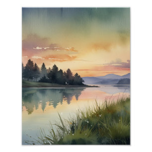 Calm River in Countryside Watercolor Wall Art