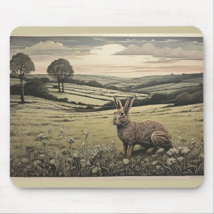 Calm Sage Green Print of Countryside and Rabbit Mouse Mat