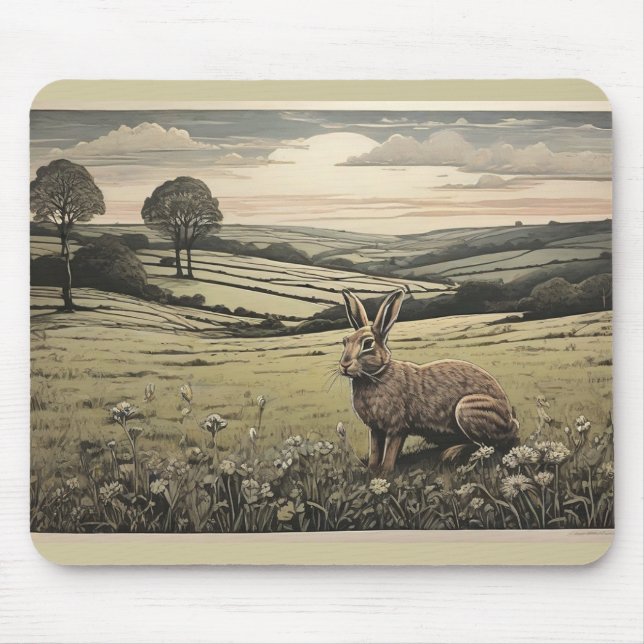Calm Sage Green Print of Countryside and Rabbit  Mouse Mat (Front)