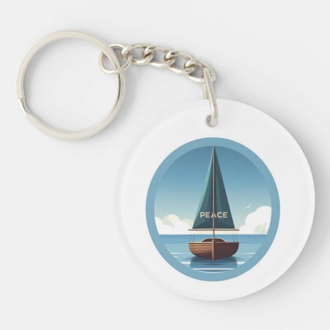 Calm Sea Boat with Peace Quote Key Ring (Front)