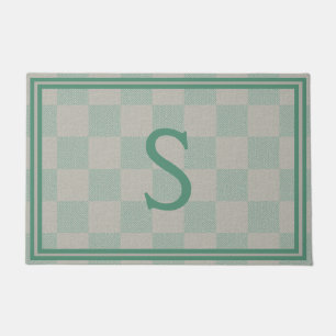 Calm Seafoam Green Grey Plaid Monogram Doormat
