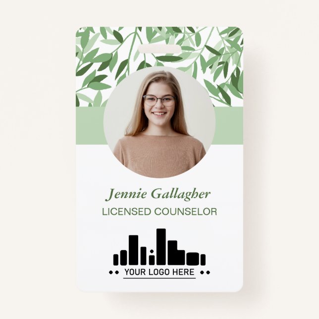 Calm Soft Green Greenery Round ID Photo Logo ID Badge (Front)