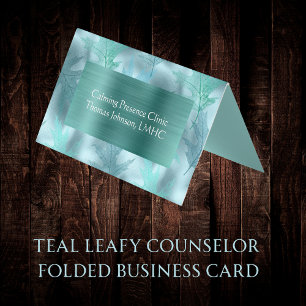 Calm Teal Leafy Psychotherapist  Counselor Folded Business Card