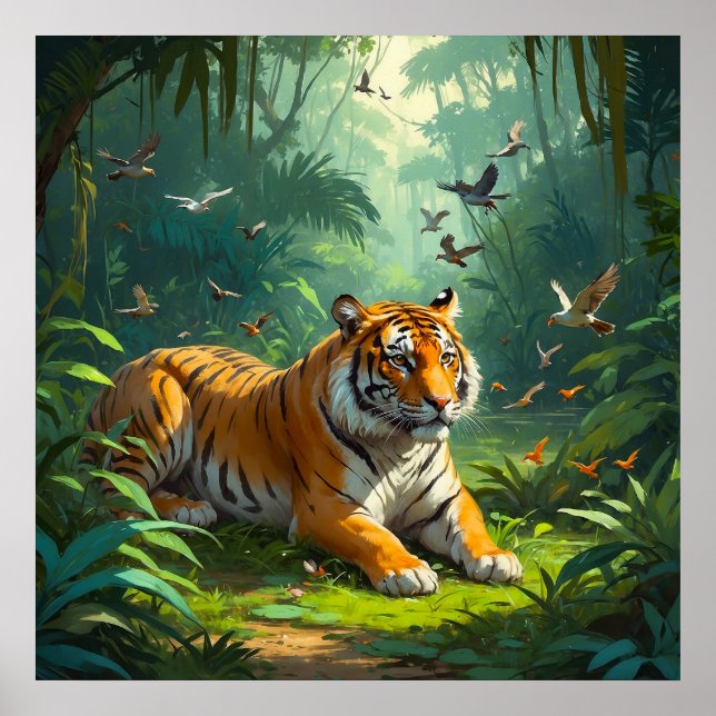 Calm Tiger Lying in Jungle with Birds Painting Poster (Front)