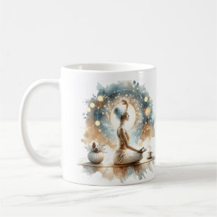 Calm Yoga woman pose coffee tea mug blown cream