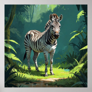 Calm Zebra Standing in the Wild Painting Poster