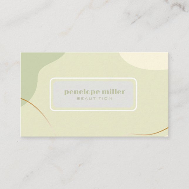 Calming colours of beige and green Beautician Business Card (Front)