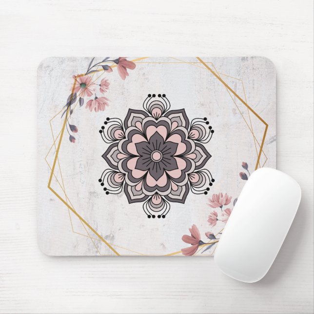 Calming Harmony – Pink and Grey Floral Art Mouse Mat (With Mouse)