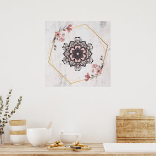 Calming Harmony, Rangoli Floral Art, Pink and Grey Poster