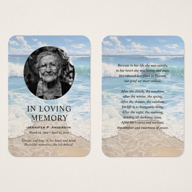 Calming Seashore Memorial Prayer Photo Cards (Front & Back)