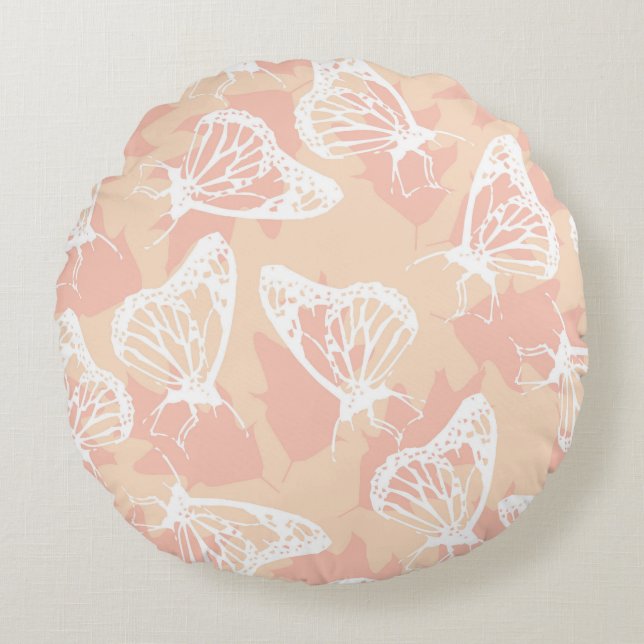 Calming Soothing Peach White Butterfly Pattern Round Cushion (Front)