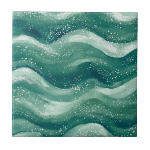 Calming Teal Watercolor Ocean Wave Art Tile