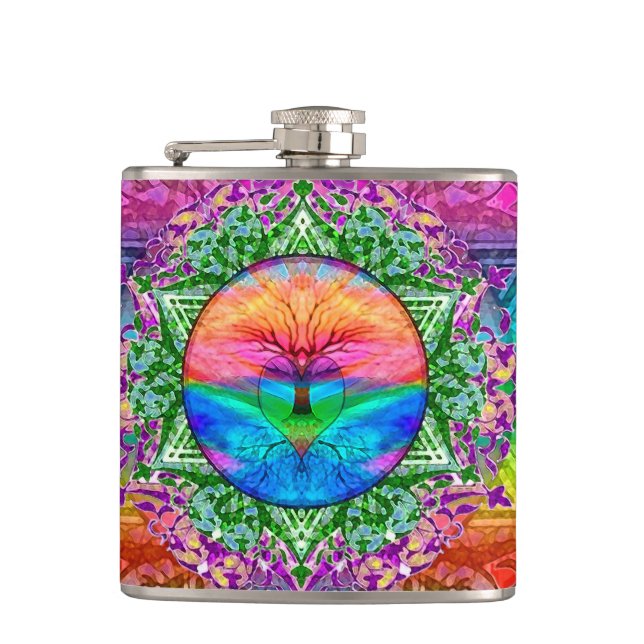 Calming Tree of Life in Rainbow Colours Hip Flask (Front)