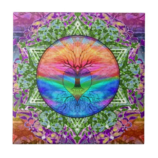 Calming Tree of Life in Rainbow Colours Tile